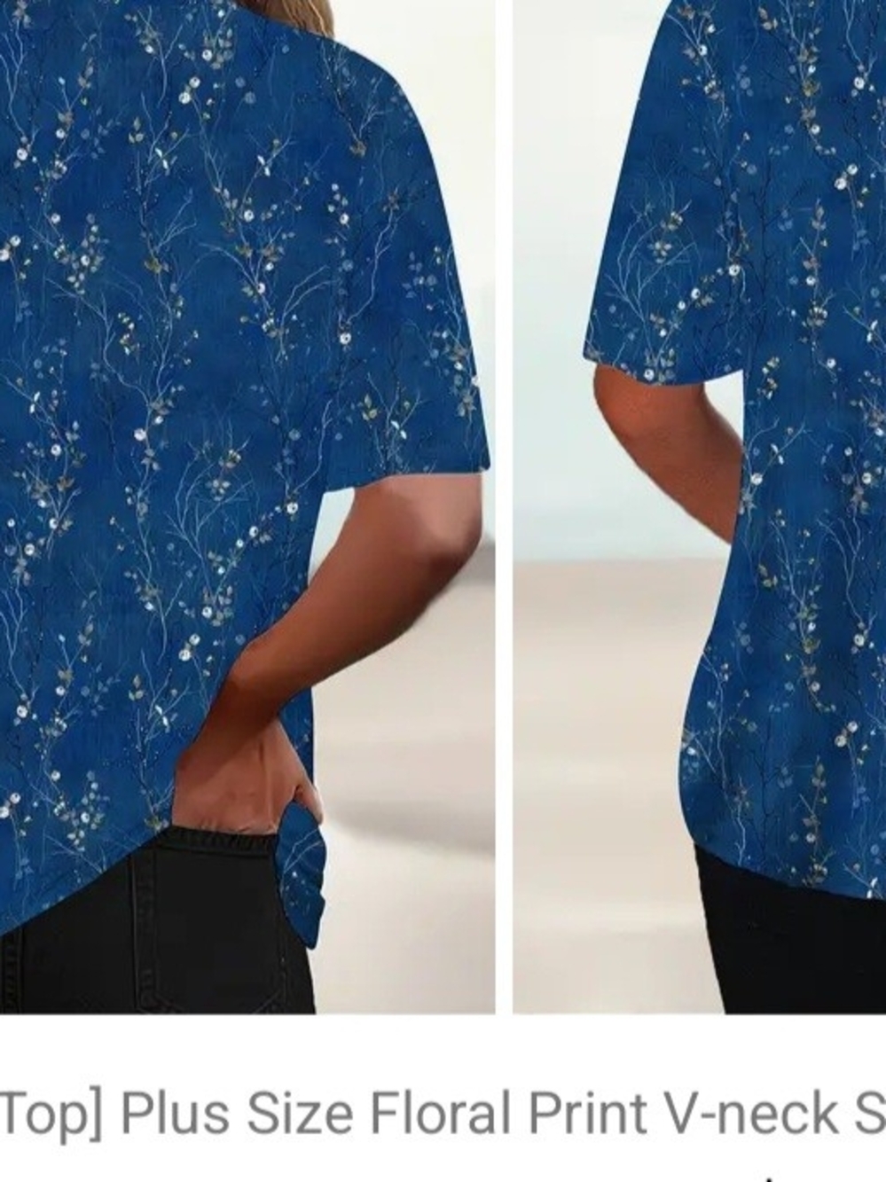 Plus Size Womens Blue Floral Print V-Neck Shirt